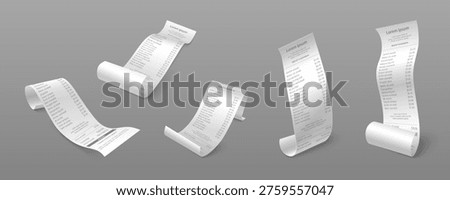 Long paper receipts set isolated on background. Vector realistic illustration of 3d bill rolls with product prices, payment confirmation document mockup, grocery shop cheque, cash machine receipt