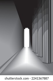 A long pass with colonnade, architectural illustration with the light at the end of the way, conceptual visual spacious image, road, way, direction.  