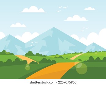 Un largo camino a través de un gran campo verde sobre un fondo montañoso. Paisaje veraniego. Ilustración del vector