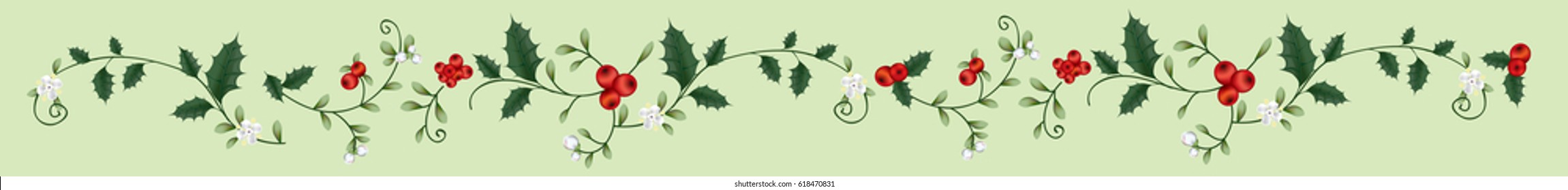 long pattern of flowers, berries and leaves of holly