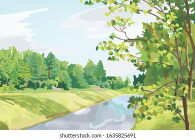 Long peace canal and green forest in the summer time