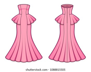 Long pink mermaid dress with strapless straight across neckline, peplum waist, back zip clasp. Gored bodycon sleeveless dress with flared hemline. Back and front. Technical flat sketch, vector.