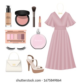 A long pink vintage dress, make up liquid foundation, pink blush on, blush brush, pink lipstick, eye shadow palette, fake eyelashes, lady white bag, high heel, pink perfume, love necklace.