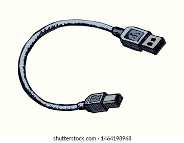Long plastic loop smart phone link jack tool on white backdrop. Outline black hand drawn micro audio pictogram icon sign concept design sketch in modern art doodle cartoon style on text space