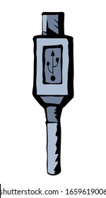 Long plastic loop smart phone link jack tool on white backdrop. Outline black hand drawn micro audio pictogram icon sign concept design sketch in modern art doodle cartoon style on text space