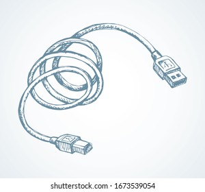 Long plastic loop smart phone link jack tool on white backdrop. Outline black hand drawn micro audio pictogram icon sign concept design sketch in modern art doodle cartoon style on text space