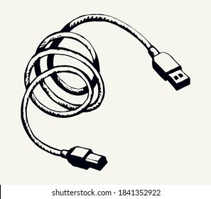Long plastic loop smart phone link jack tool on white backdrop. Outline black hand drawn micro audio pictogram icon sign concept design sketch in modern art doodle cartoon style on text space