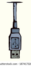 Long plastic loop smart phone link jack tool on white backdrop. Outline black hand drawn micro audio pictogram icon sign concept design sketch in modern art doodle cartoon style on text space