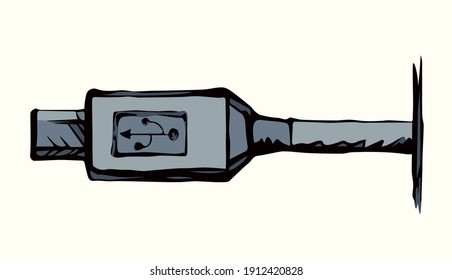 Long plastic loop smart phone link jack tool on white backdrop. Outline black hand drawn micro audio pictogram icon sign concept design sketch in modern art doodle cartoon style on text space