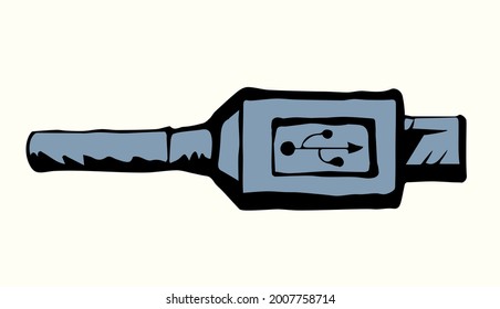 Long plastic loop smart phone link jack tool on white backdrop. Outline black hand drawn micro audio pictogram icon sign concept design sketch in modern art doodle cartoon style on text space
