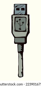 Long plastic loop smart phone link jack tool on white backdrop. Outline black hand drawn micro audio pictogram icon sign concept design sketch in modern art doodle cartoon style on text space
