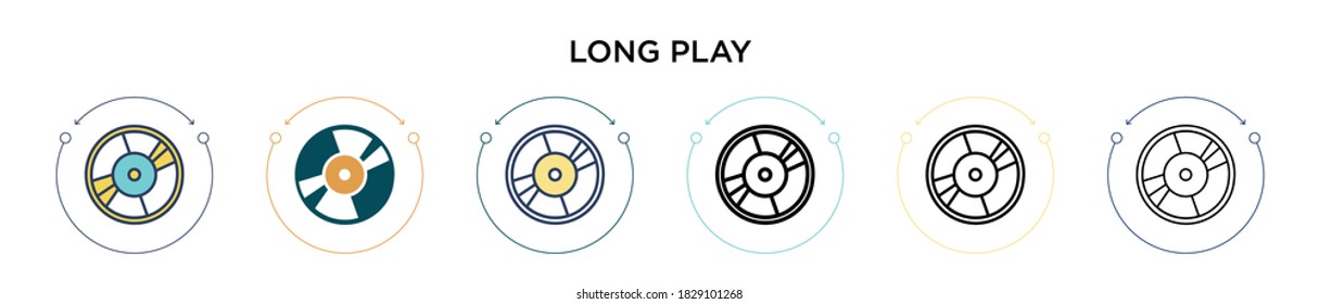 Long Play Icon in gefüllt, dünne Linie, Umriss und Strich Stil. Vektorgrafik von zwei farbigen und schwarzen Vektor-Symbolen mit langer Wiedergabe kann für mobile, iPhone-, web-basierte