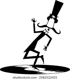 Long play record. Dancing cartoon man in the top hat. Cartoon man in the top dancing on the long play record. Black and white illustration	