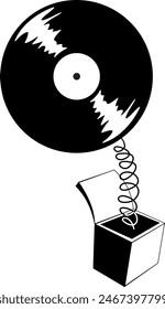 Long play record on a spring pops out of the box. 
Long play record on a spring pops out of the box. Black and white illustration
