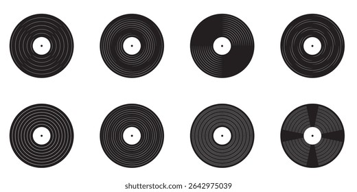 Long play vinyl discs and turntable icons DJ music equipment set Retro disco style 1970s to 1990s Nostalgic vector illustration isolated