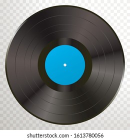 Long play vinyl record with blue editable label, vector realistic illustration