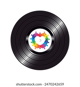 Long play vinyl record with colorful heart puzzle in the middle. Vector isolated on white background.	