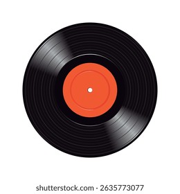Long play vinyl record with orange paper label isolated on white background.	