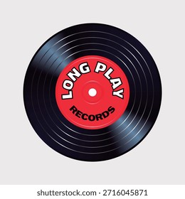 Largo juego de vinilo con etiqueta de papel rojo aislado sobre fondo blanco.	