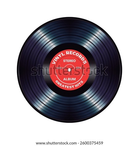 Long play vinyl record with red paper label isolated on white background.