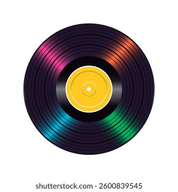 Long play vinyl record with yellow paper label .Vector isolated on white background.	