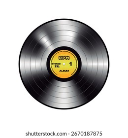 Largo juego de vinilo con etiqueta de papel amarillo aislado sobre fondo blanco.	