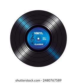 Long play vynil record with blue paper label isolated on white background.	