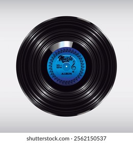 Long play vynil record with blue paper label isolated on white background.