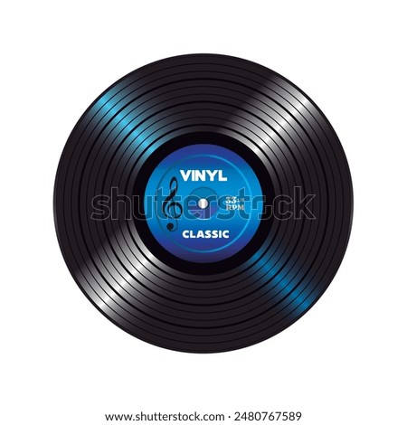 Long play vynil record with blue paper label isolated on white background.	