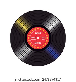 Long play vynil record with red paper label isolated on white background.