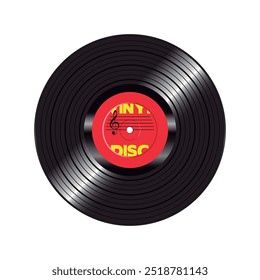 Long play vynil record with red paper label isolated on white background.	