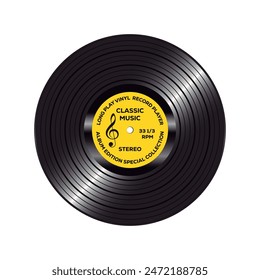 Long play vynil record with yellow paper label isolated on white background.	