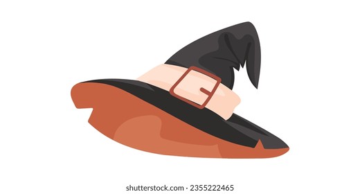 Un sombrero largo y puntiagudo que las brujas suelen usar en sus cabezas. Un sombrero para Halloween que se parece a una gorra de béisbol. Estilo de caricatura, Ilustración vectorial