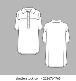 Long Polo  T shirt Collar Neck Top Half Open Button panel placket drop shoulder short sleeve long polo shirt  fashion drawing sketch template design vector