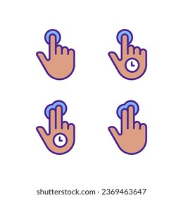 Long press pixel perfect RGB color icons set. Double finger touch. Multi touch. Touchscreen control gestures. Isolated vector illustrations. Simple filled line drawings collection. Editable stroke