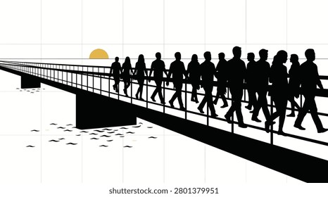 Long procession of silhouetted people crossing a bridge over water at sunset or sunrise, with dramatic golden horizon
