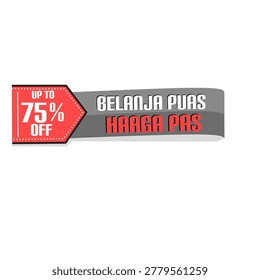 Long promo ribbon tag vector in dark and red color featuring Belanja Puas Harga Pas text. Suitable for Indonesian retail promotions, ecommerce banners, and discount campaigns