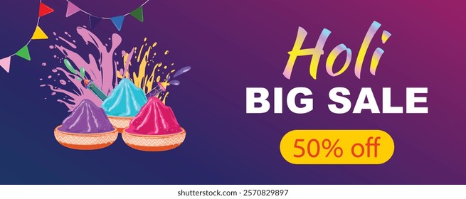 Long purple banner for Holi sale featuring vibrant bowls of powder, a Pichkari splash, and festive garlands