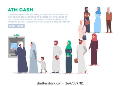 Long queue to ATM. Muslim people standing in queue to ATM. Bank machine, automatic financal operation. Isolated vector illustration in flat style