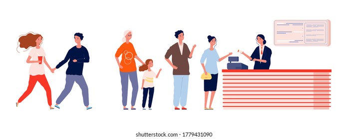 Long queue to cinema. People waiting line buying ticket to movie. Adults, teens and kids entertainment vector illustration