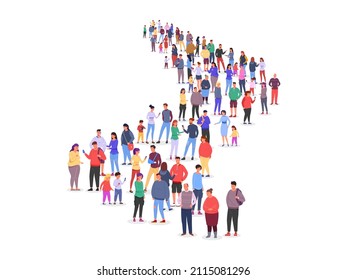 Long queue of crowd. People line marketing traffic, path together person row society standing group waiting of job, work human follow in business office, vector illustration long queue line