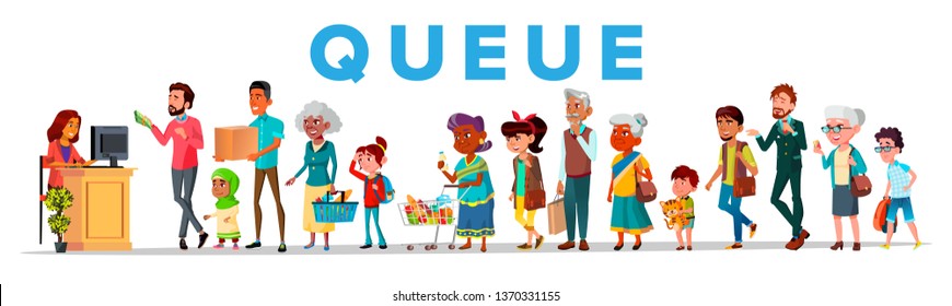 Long Queue In Food Store, Vector Banner Concept. Young And Old People Waiting In Queue, Line. Men, Women And Children Cartoon Characters. Shop Sale, Customer Service Flat Illustration