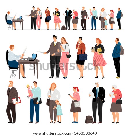 Long queue. Line of waiting people with children on reception or cashier and man at desk, vector illustration