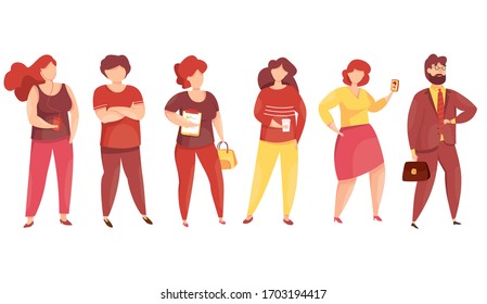 Long queue. Men and women of different ages stand behind each other in line. People waiting in queue in front of shop or    entrance doors or cash desk. Vector illustration.