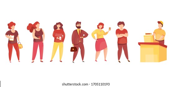 Long queue. Men and women of different ages stand behind each other in line. People waiting in queue in front of shop or    entrance doors or cash desk. Vector illustration.