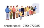 Long queue of people. Customers line, standing and waiting. Crowd queuing, many men, women buyers at entrance, back view. High demand concept. Flat vector illustration isolated on white background