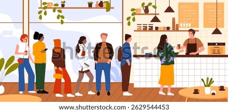 Long queue of people waiting for coffee from barista in coffee shop interior. Diverse group of characters standing in row, man behind counter serving hot drink for customers vector illustration