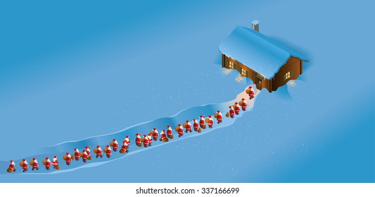 A long queue of Santas waiting in front of illuminated snowy house in blue night scenery