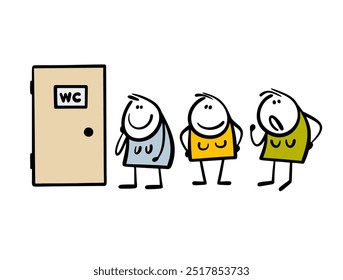 Long queue in the women's bathroom. Vector illustration of a girl and cartoon woman standing in front of doodle closed door with a sign. Funny waiting situation, unhappy hand drawn ladies.