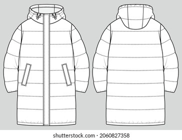 Long quilted down jacket  Padded warm jacket  Vector technical sketch  Mockup template 